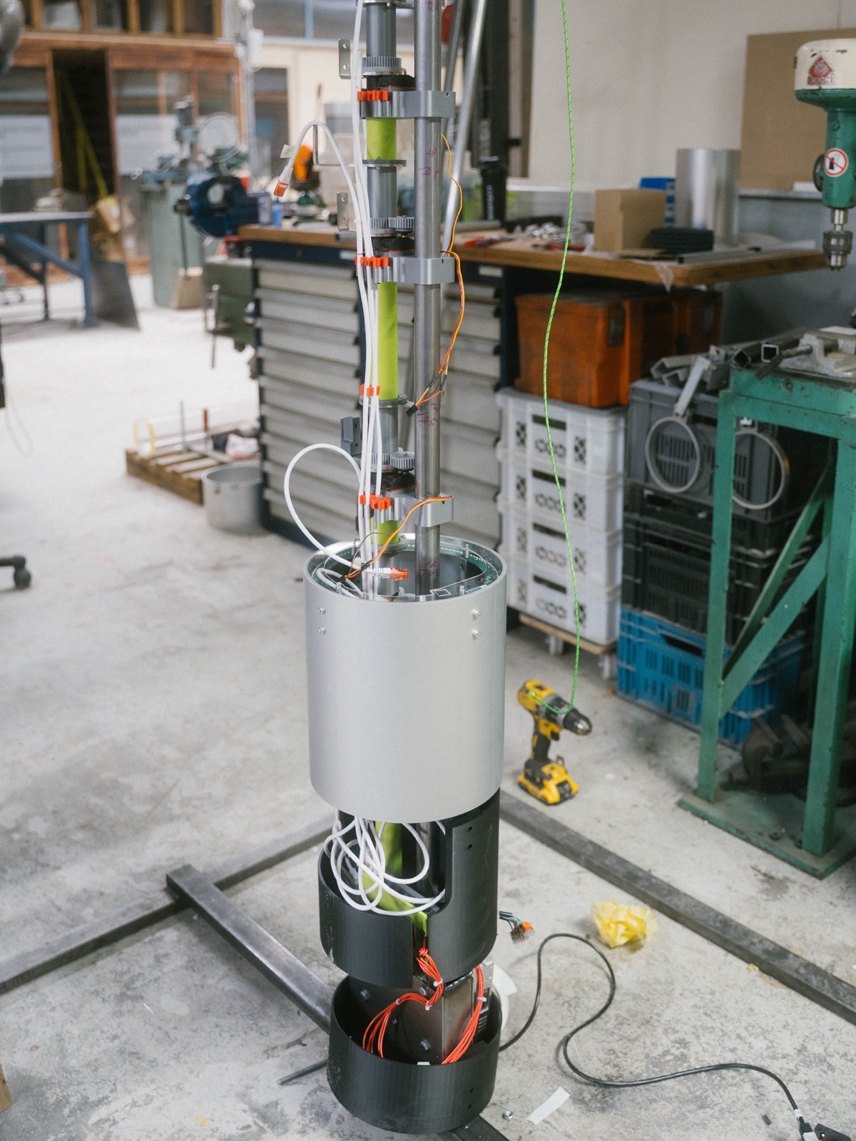 Dalsoon being built in the workshop, with its wiring and electronics exposed