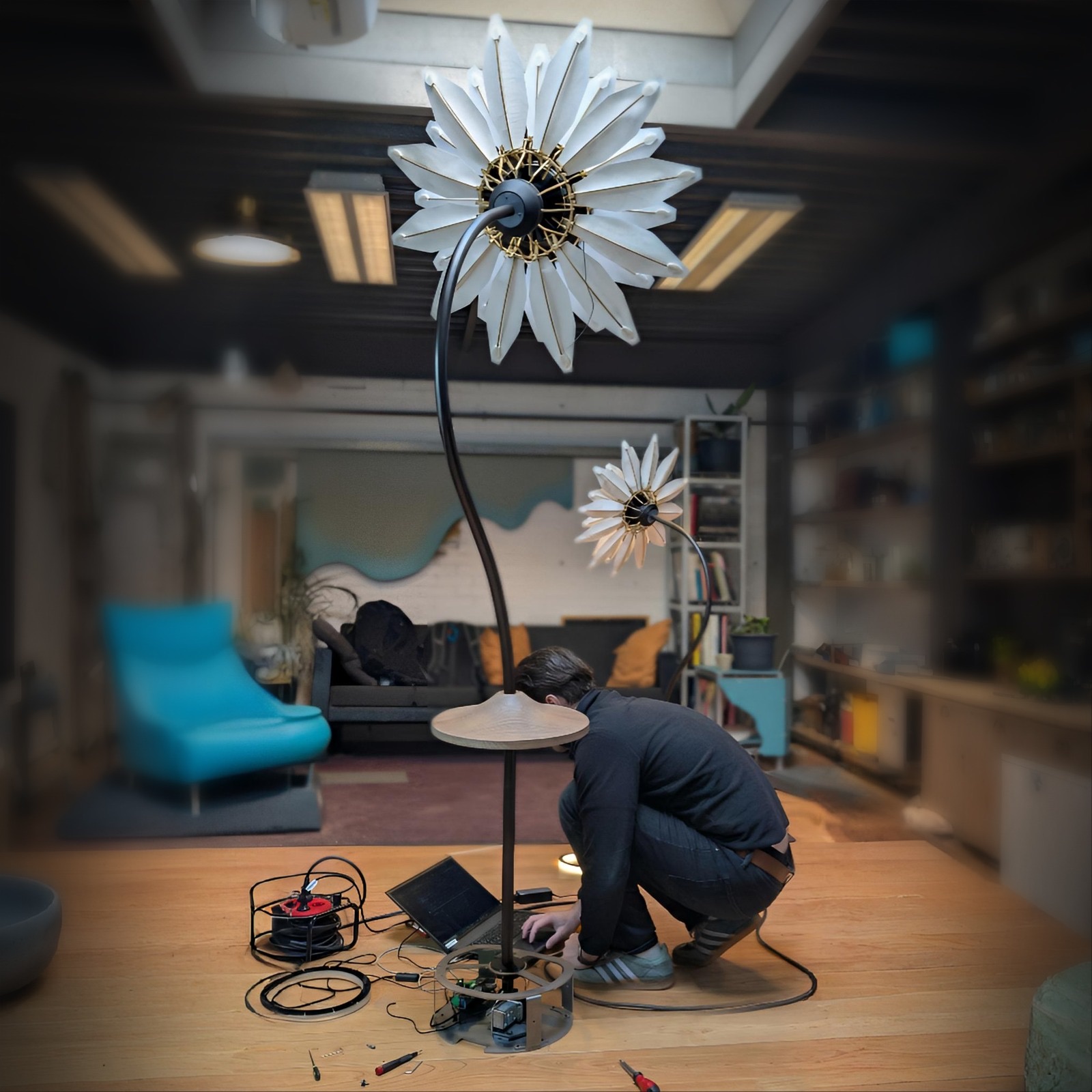Thomas van Hek working on the electronics in the base of a flower lamp