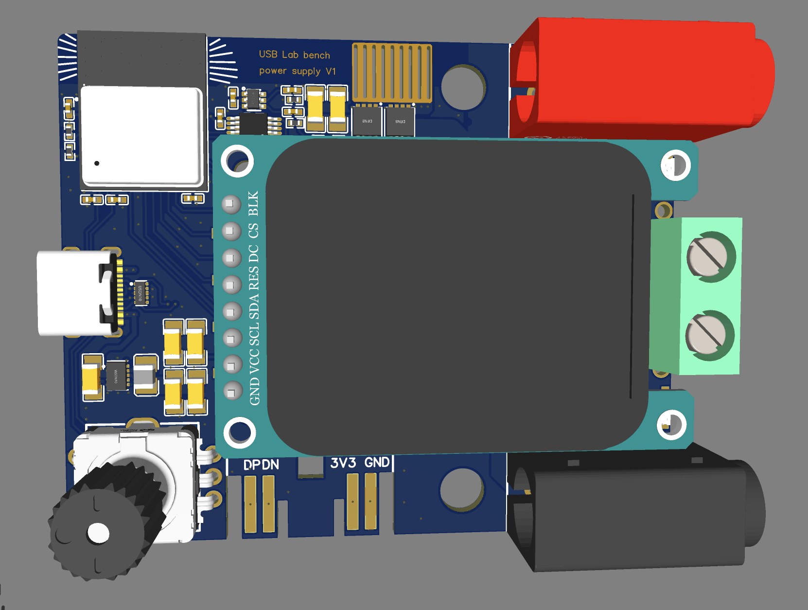 3D render of the USB Lab bench power supply V1 circuit board